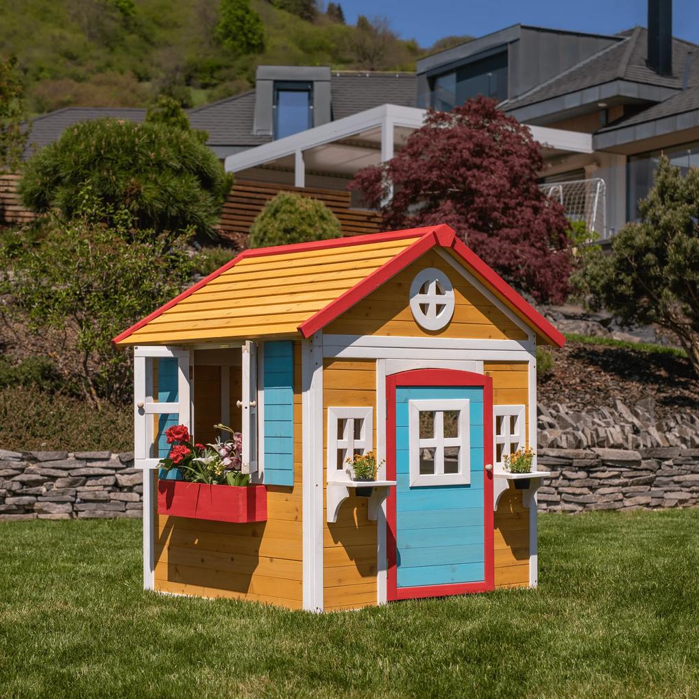 Căsuţă de grădină din lemn pentru copii natural / alb / albastru / roşu, AVILO