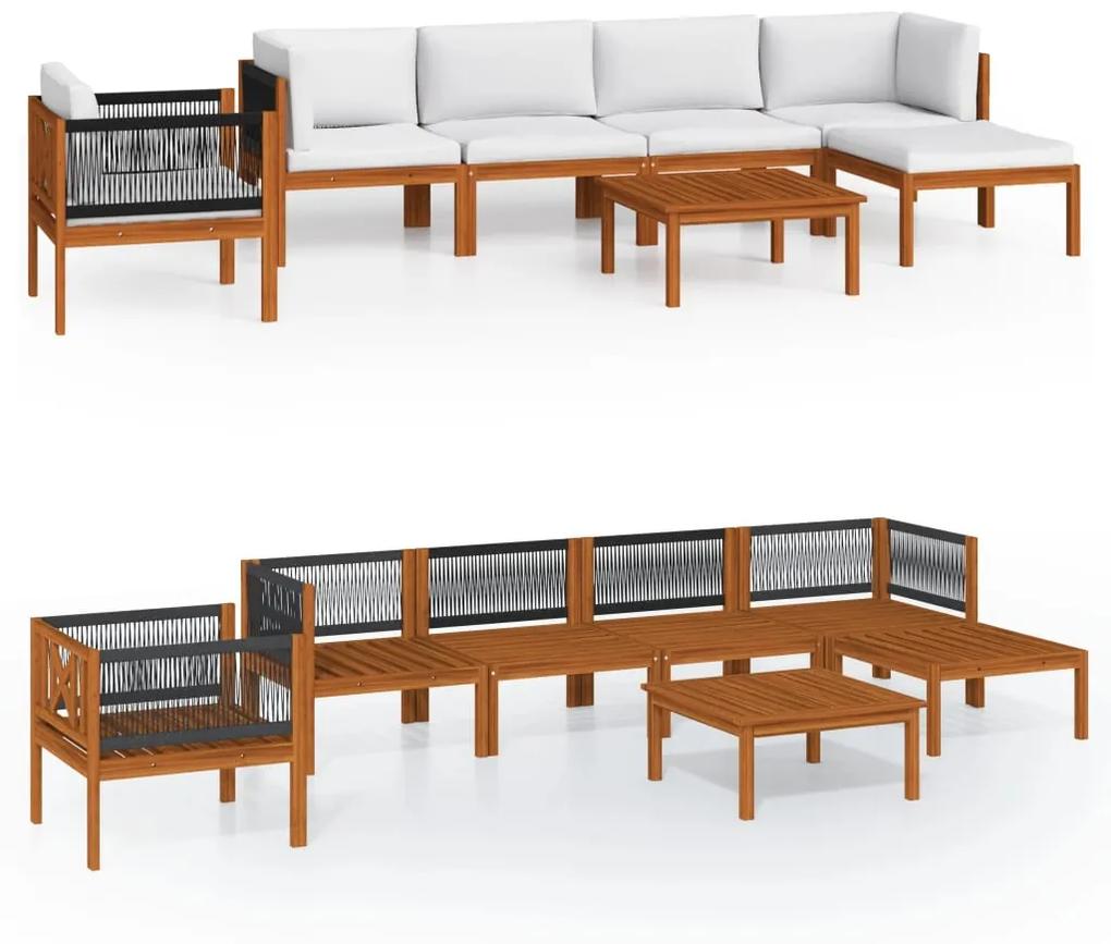 Set mobilier gradina cu perne crem, 7 piese, lemn masiv acacia 2x colt + 2x mijloc + fotoliu + suport pentru picioare + masa, 1