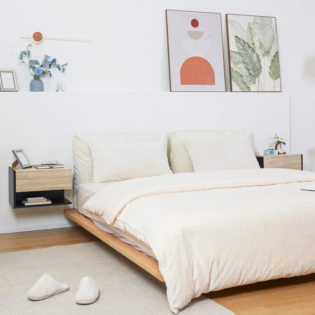 HOMCOM Set de 2 Noptiere suspendate - Set de 2 Noptiere - sertar Culisant, etajera, Bicolore Aspect stejar Negru | Aosom Romania