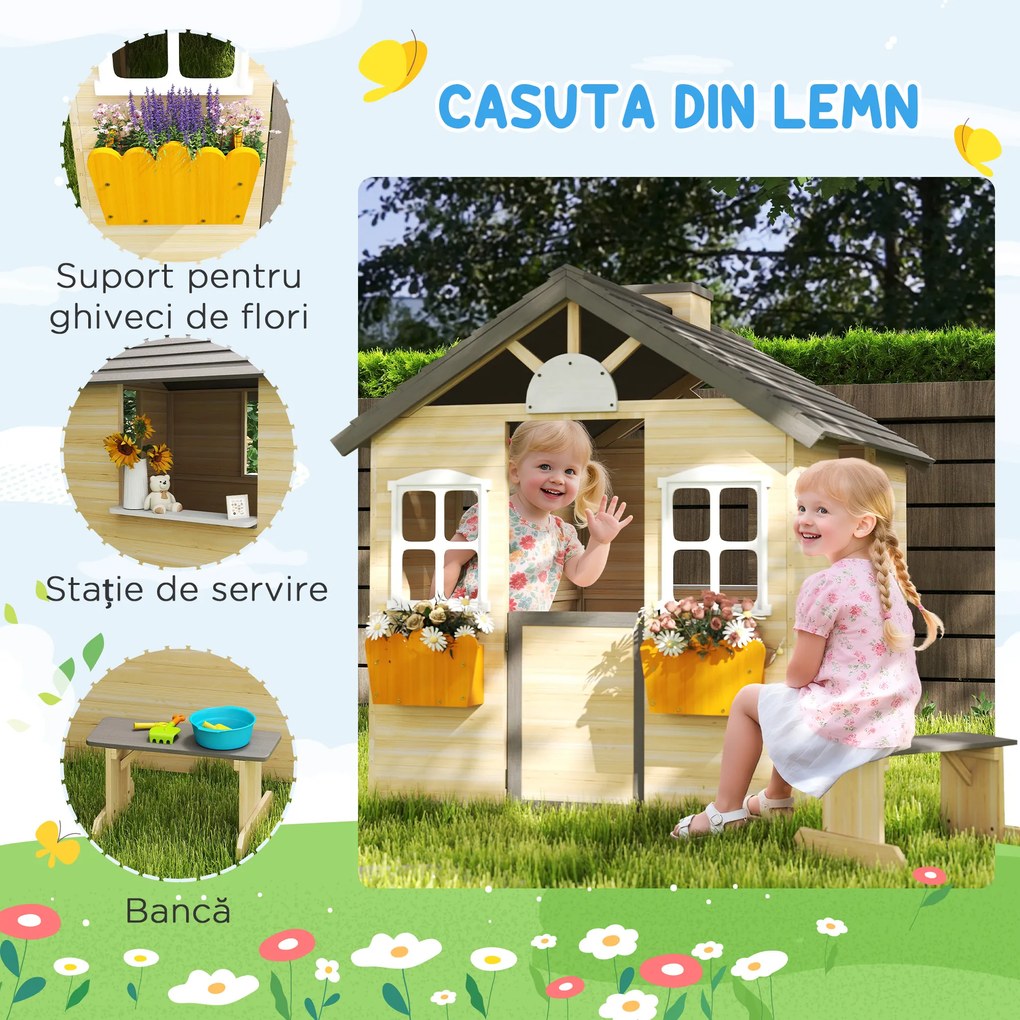Outsunny Casa de Joaca din Lemn pentru Copii pentru Jocuri de Rol, cu Usa Functionala, Ferestre, Banca, Statie de Service, pentru Copii de 3-7 ani
