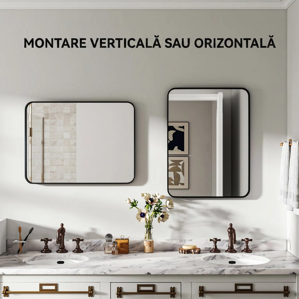 HOMCOM Oglindă de Baie 60 x 80 cm Oglindă Decorativă de Perete cu Ramă Metalică și Cârlig Ușor de Agățat pentru Sufragerie, Hol, Intrare - Negru | Aosom Romania