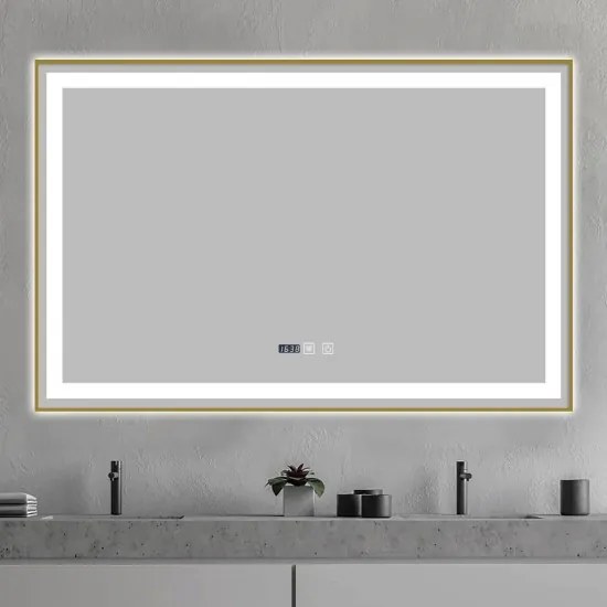 Oglindă Baie LED și Dezaburire Elit's Premium cu Senzor Touch, Lumina Rece, Caldă și Neutră, 100x65cm, cu rama Bronz Antichizat, Ceas