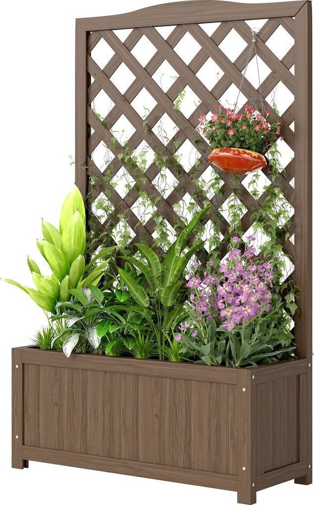 Outsunny Jardinieră cu spalier, ghiveci pentru plante cățărătoare, legume, flori, din lemn masiv, 70 x 28 x 117 cm maro închis | Aosom Romania