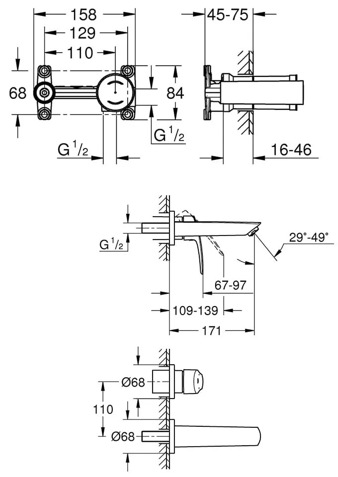 Baterie lavoar Grohe Eurosmart model 2022, corp incastrat inclus, crom(29337003,23571000)