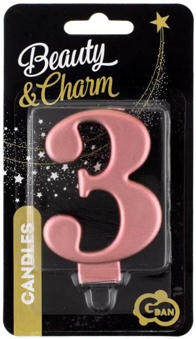 Numere Metallic Lumânare Rose Gold cu numărul 3, Lumânare pentru tort