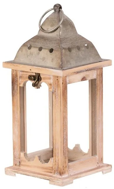 Felinar din lemn cu acoperiș metalic, înălțime 29cm, natural