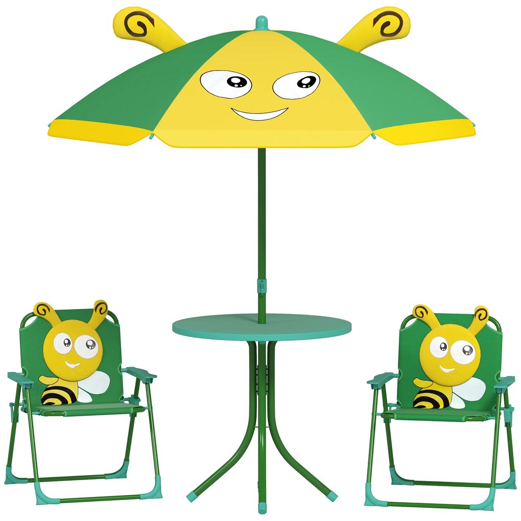 Set mobilier de grădină pentru copii AIYAPLAY, Scaune, Masa, Umbrelă, Design de Albinuțe, Verde+Galben | Aosom Romania
