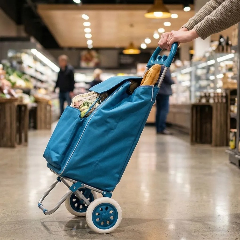 Cărucior de cumpărături Excellent Houseware, pliabil cu 2 roți, buzunar frontal, albastru, 30L