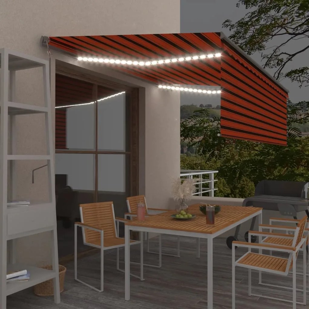 vidaXL Copertină automată cu stor&amp;senzor vânt&amp;LED portocaliu&amp;maro 4x3m