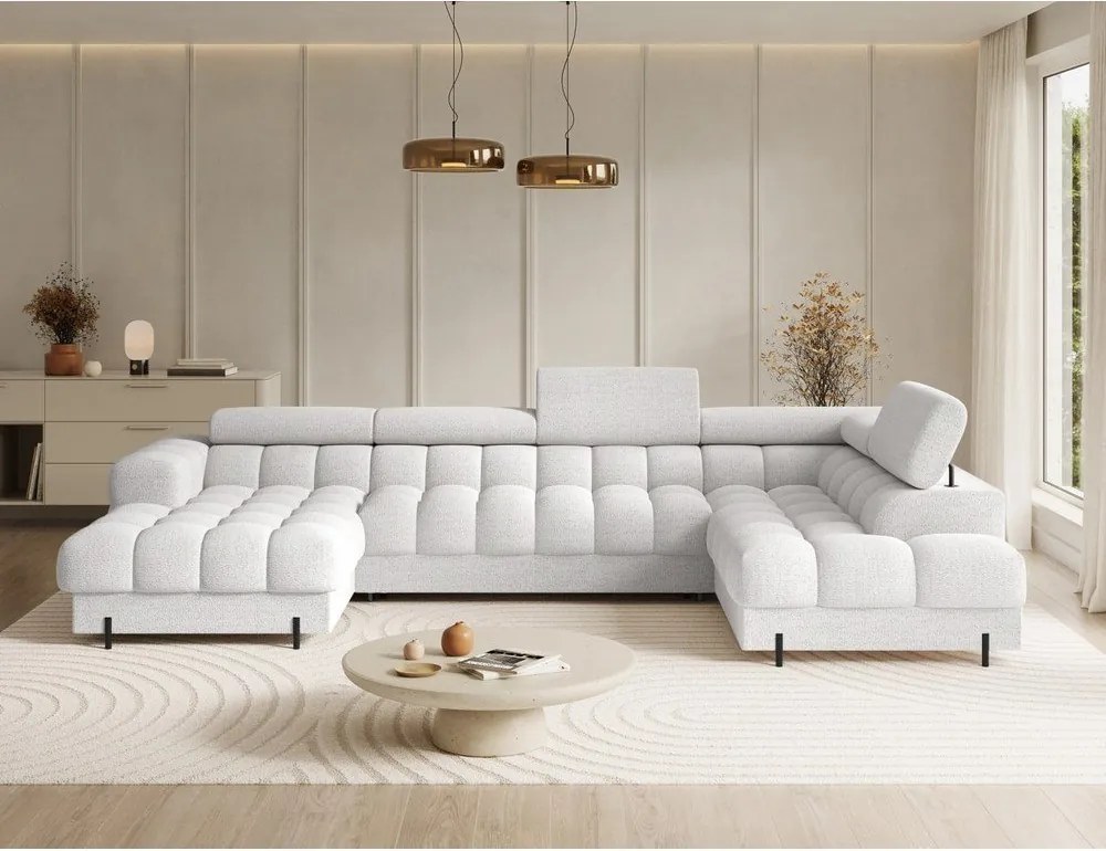 Colțar crem extensibil cu tapițerie din țesătură bouclé (cu colț pe partea dreaptă/în formă de "U") Feraria – ELTAP