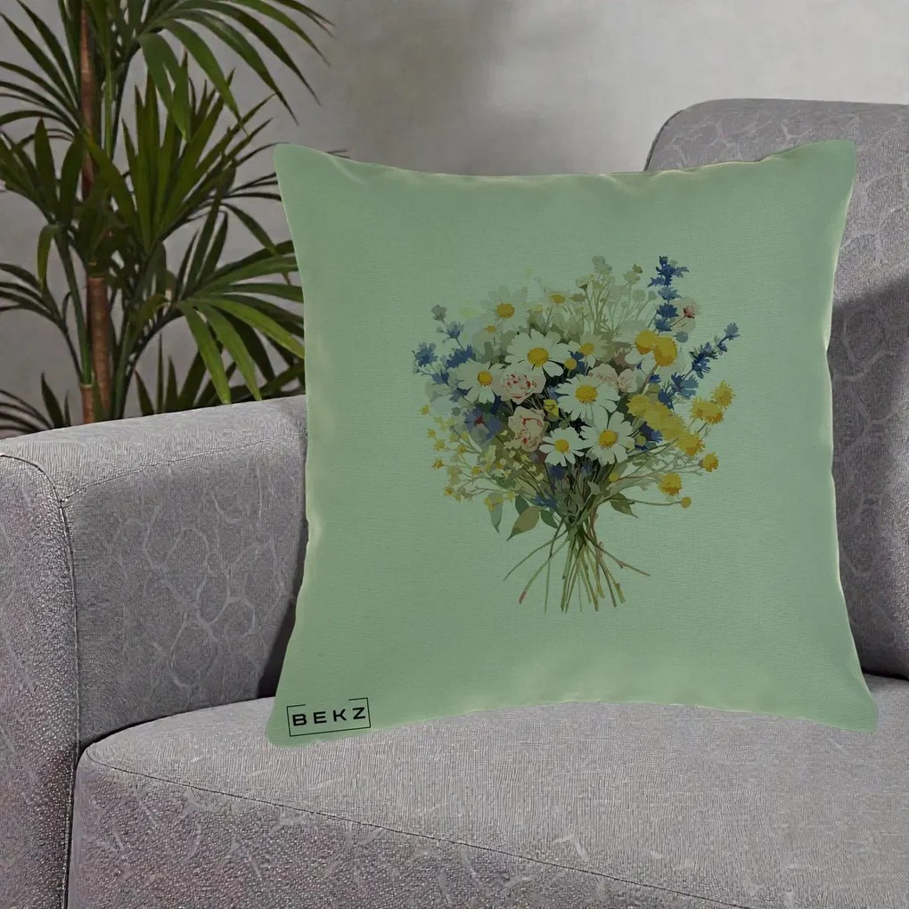 Perna Decorativa Buchet Camp Acuarela Margarete-Lavanda, 40x40 cm, Verde, Husa Detasabila, Perna Inclusa, BEKZ®