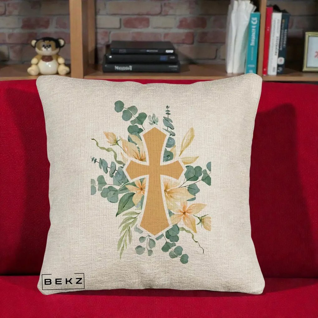 Perna Personalizata Cruce Florala Botez, 40x40 cm, Bej Canapea, Husa Detasabila, Perna Inclusa, BEKZ®