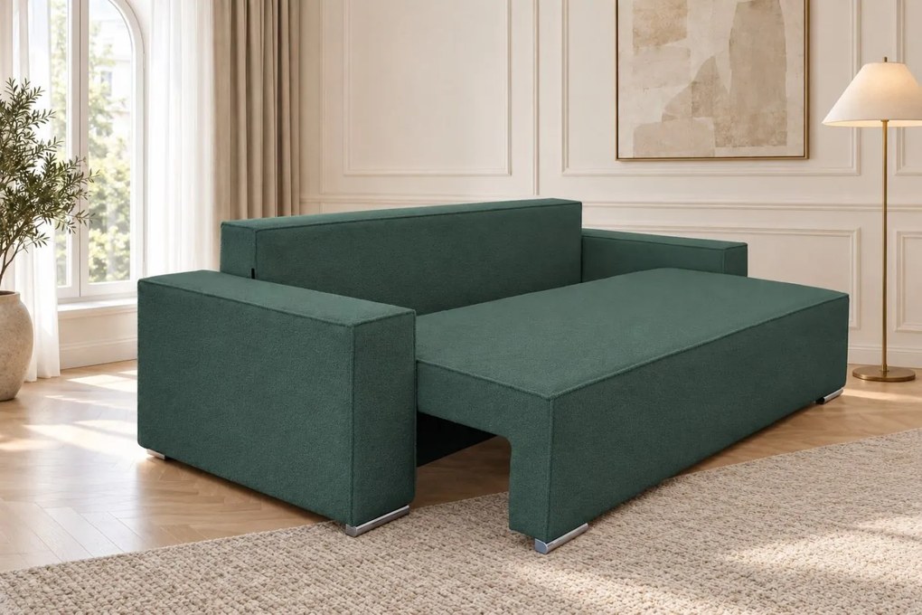 Canapea extensibilă Perla din boucle, verde marin, cu ladă de depozitare