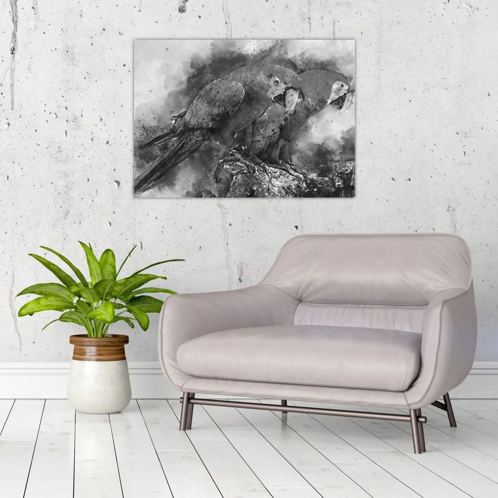 Tablou pe sticlă - Acuarelă papagali (70x50 cm)