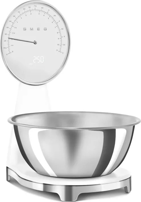 Cantar de bucatarie Smeg KSF01WHWW, Afisaj analogic si digital, Pana la 5 kg/5 l, Functie TARA, Afisaj LED, Baza antiderapanta, Baterie reincarcabila, Alb mat