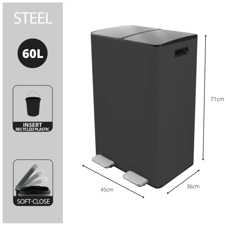 Coș de gunoi gri închis pentru reciclare/cu pedală 2x30 l din oțel Aliya – Spirella