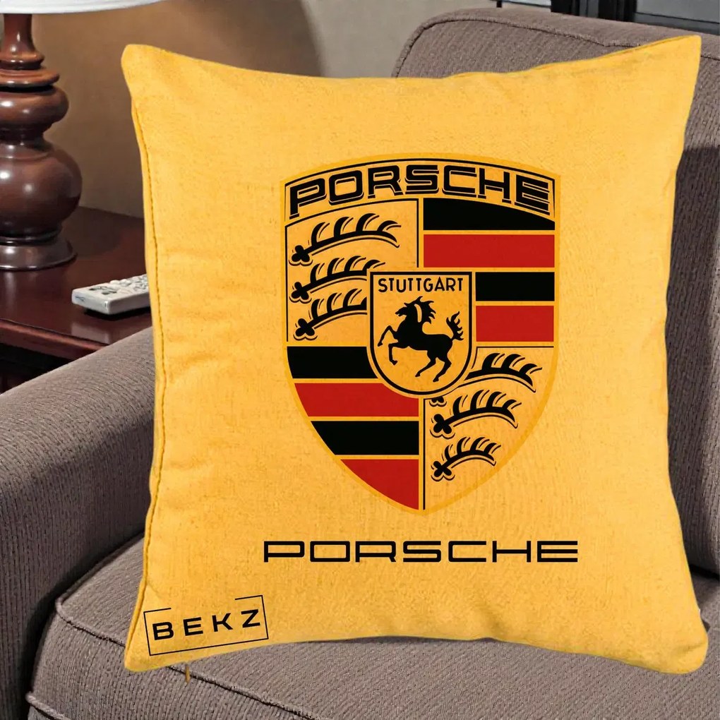 Perna Personalizata Porsche Stuttgart, 40x40 cm, Galben, Husa Detasabila, Perna Inclusa, BEKZ®
