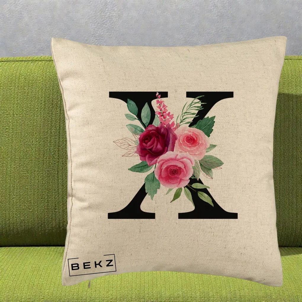 Cadou Personalizat - Perna Personalizata Monograma Florala Litera X cu Buchet, 40x40 cm, Bej, Husa Detasabila, Perna Inclusa, BEKZ®