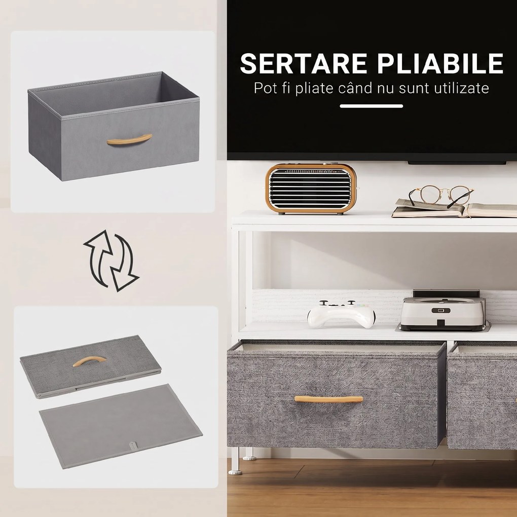 HOMCOM Mobilier TV pentru 47" cu Sertare Pliabile din Material Textil și Raft din Metal și MDF, 98x29x56 cm, Negru | Aosom Romania