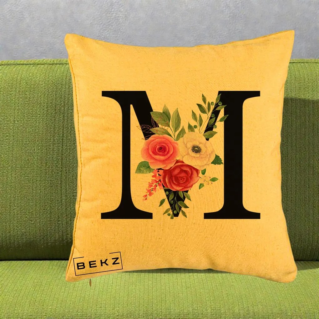 Cadou Personalizat - Perna Personalizata Monograma Florala Litera M cu Trandafiri si Anemona, 40x40 cm, Galben, Husa Detasabila, Perna Inclusa, BEKZ®