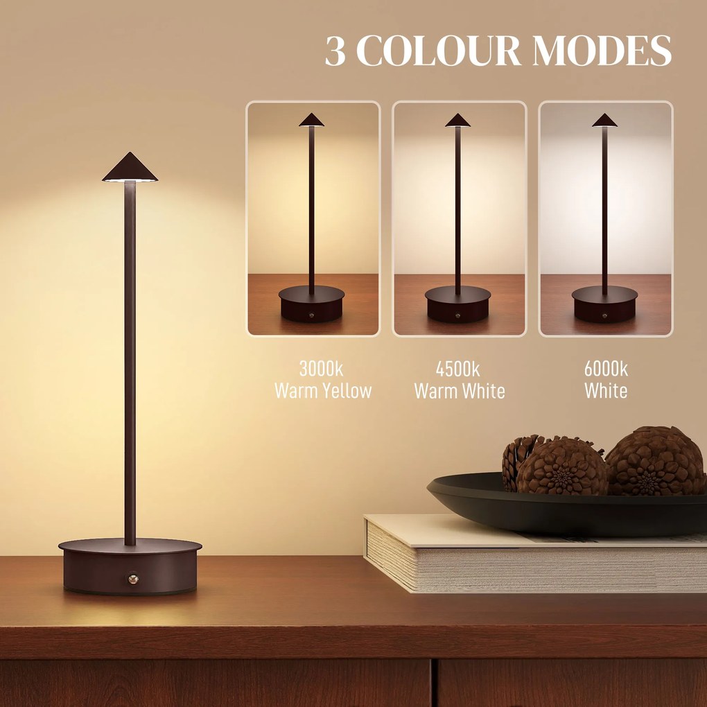 HOMCOM Lampă de Masă Reîncărcabilă cu USB, Lampă Fără Fir cu Temperatura Culorii Reglabilă 3000K/4500K/6500K, Control Touch, Autonomie 4-8 Ore, Cafea | Aosom Romania