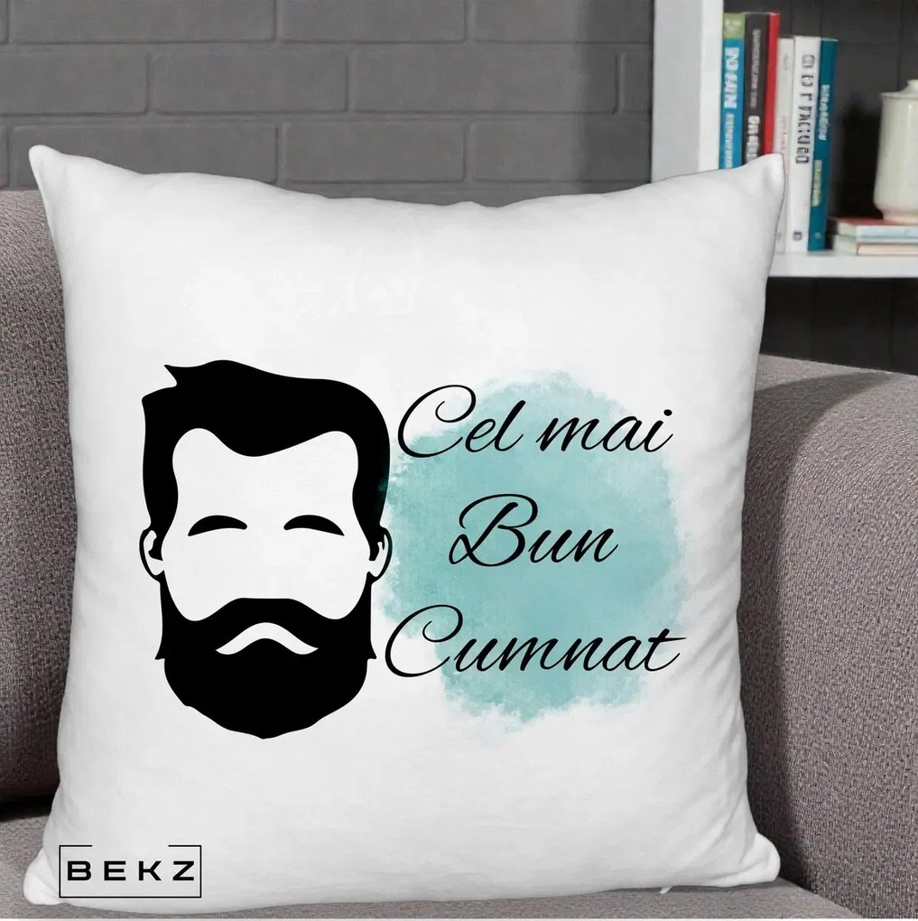 Cadou pentru Cumnat - Perna Personalizata Cel mai Bun Cumnat cu Portret Barbat si Pete Teal, 40x40 cm, Alb Pufos, Husa Detasabila, Perna Inclusa, BEKZ®