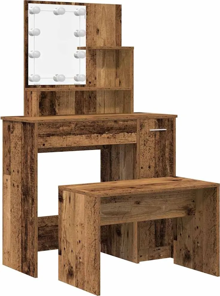 vidaXL Set de măsuță de toaletă cu LED Lemn vechi din lemn lemnos