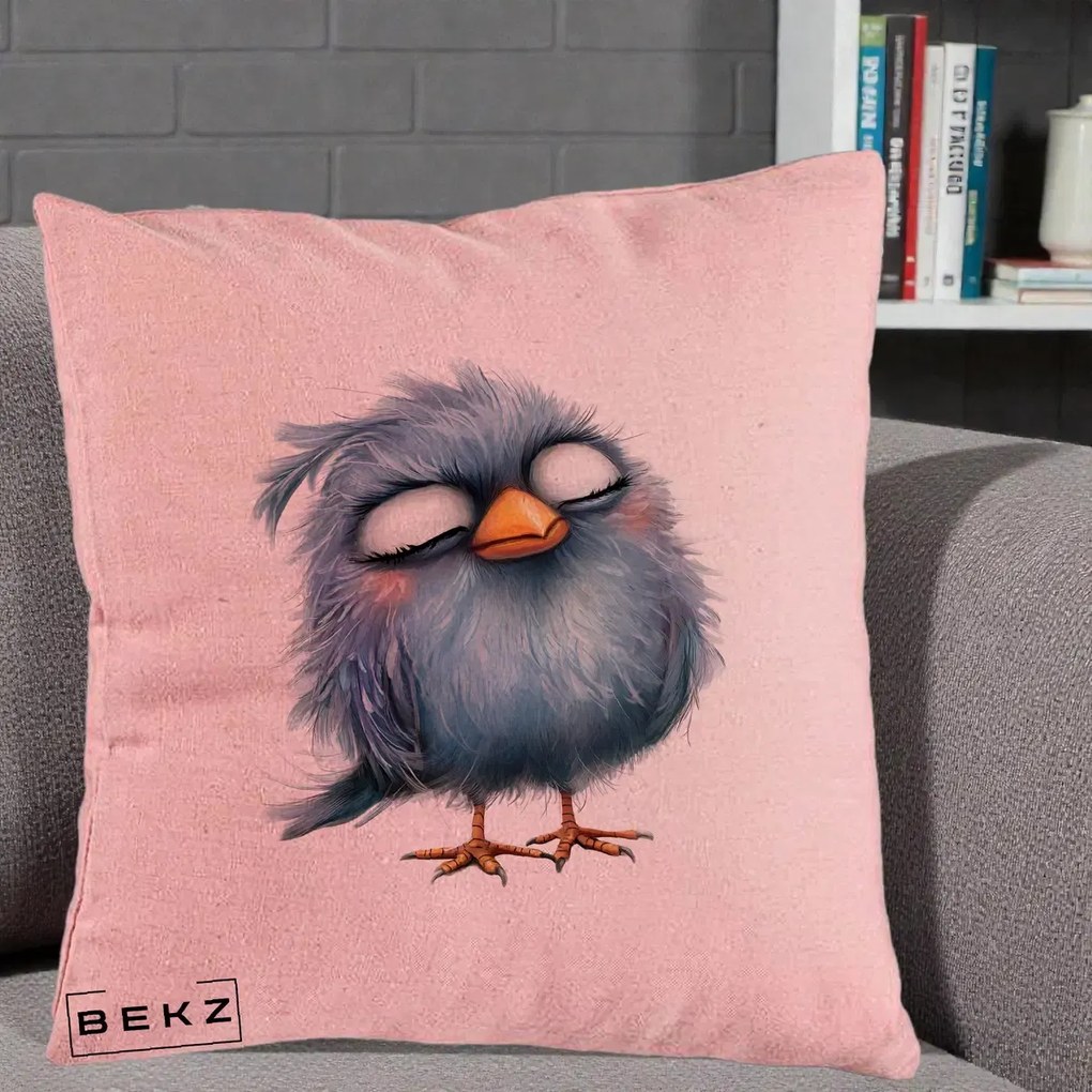 Perna Decorativa Pui Pufos Albastru Adormit, 40x40 cm, Roz, Husa Detasabila, Perna Inclusa, BEKZ®