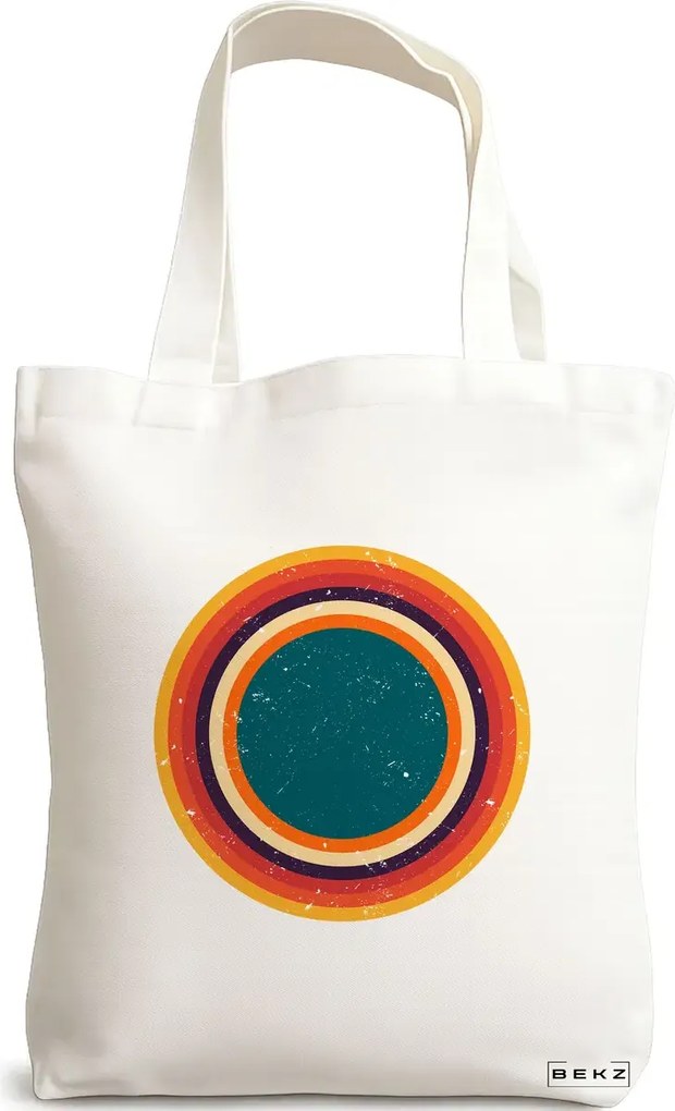 Sacosa de Panza pentru Cumparaturi, Geanta Tote, model Retro Concentric Circles, 38x34.5 cm, Alba, BEKZ®