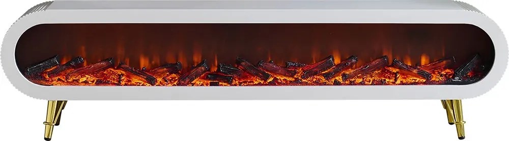 Șemineu electric cu efect LED realist, Comodă TV cu design oval, control vocal și telecomandă, fără încălzire, 180 cm, Alb