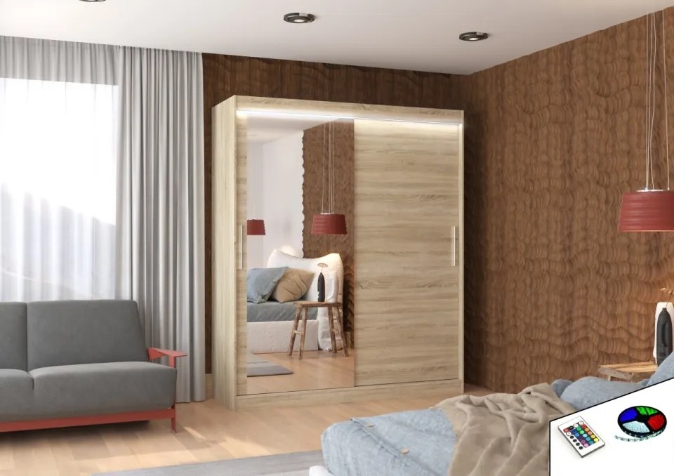 Dulap cu usi glisante si oglinda + iluminare LED, Tom 180 + LED, 180 cmx200 cmx58 cm, ADRK Furniture (Culoare: Ciocolata)