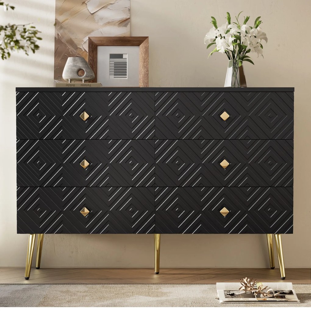 Comodă cu 6 sertare, cu model geometric și mânere în formă de diamant, pentru dormitor și living, 120x40x80 cm, Negru