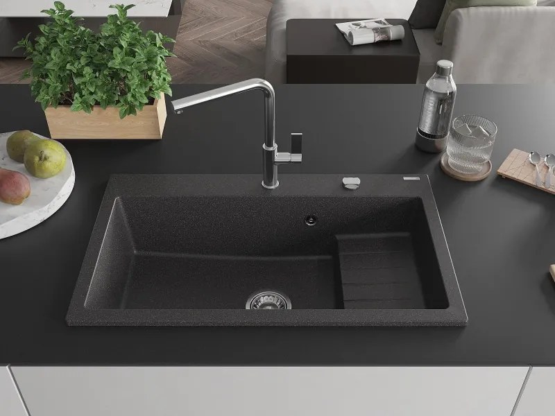 Mexen Omar chiuvetă de granit cu 1 compartiment 800 x 480 mm, neagră cu pete, sifon cromat - 6520801005-76