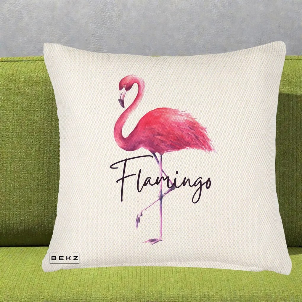 Perna Decorativa Flamingo Acuarela, 40x40 cm, Crem Reliefat, Husa Detasabila, Perna Inclusa, BEKZ®