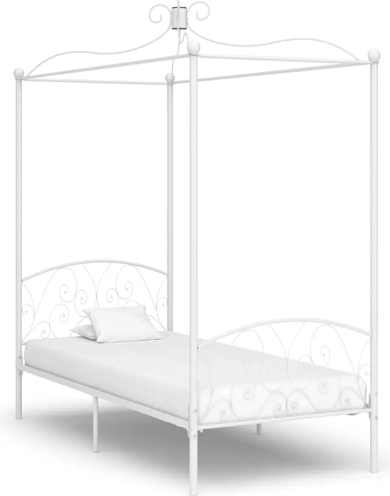 vidaXL Cadru de pat cu baldachin, alb, 90 x 200 cm, metal