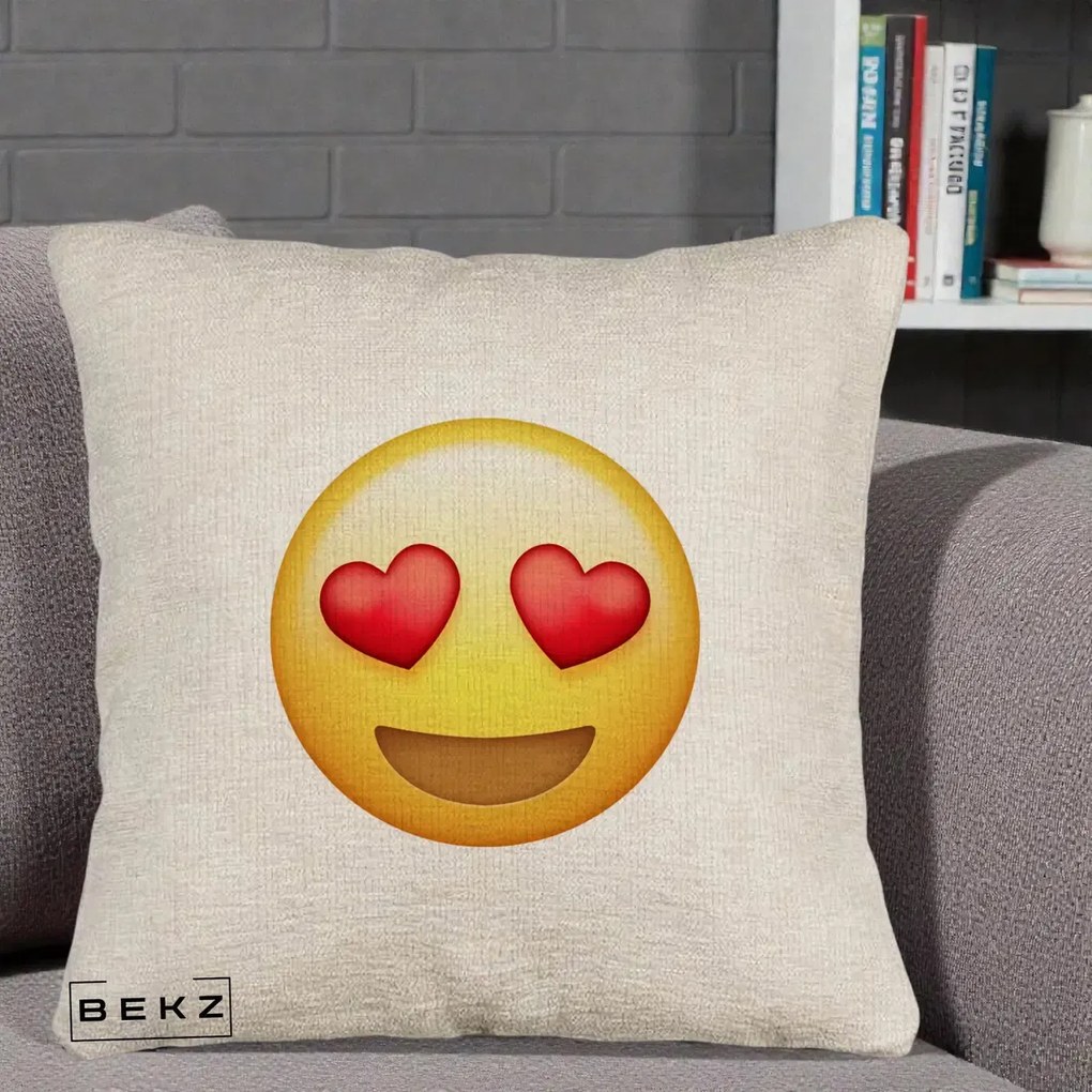 Perna Decorativa Emoji Inimi in Ochi, 40x40 cm, Bej Canapea, Husa Detasabila, Perna Inclusa, BEKZ®