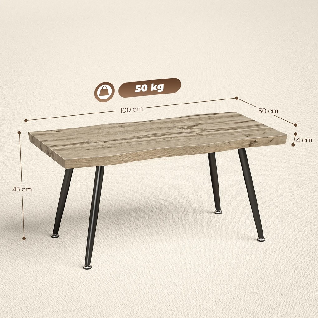 HOMCOM Măsuță de Cafea cu Blat Gros, Picioare Reglabile, Design Nordic cu Picioare din Oțel, 100x50x45 cm, Stejar | Aosom Romania