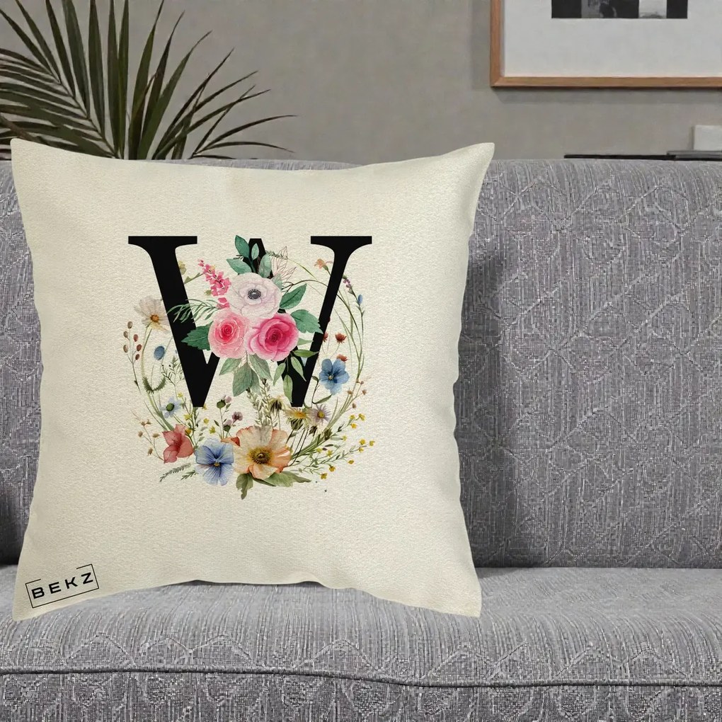 Cadou Personalizat - Perna Personalizata Monograma Florala Litera W, 40x40 cm, Ecru, Husa Detasabila, Perna Inclusa, BEKZ®