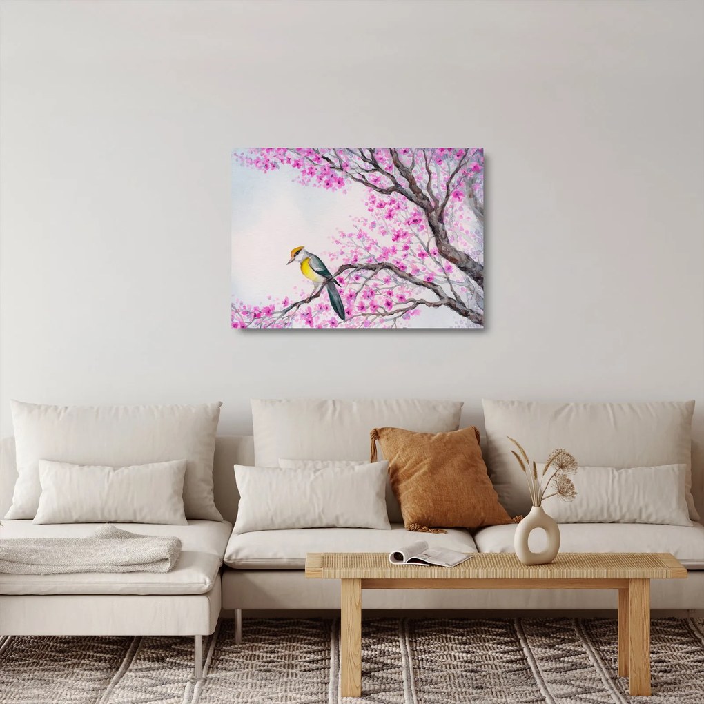 Tablou pe sticlă - Pasăre pe un copac cu flori roz (70x50 cm)