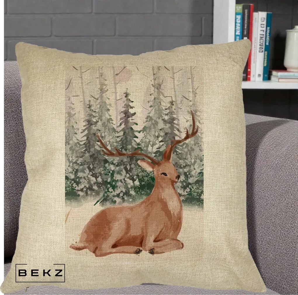 Perna Decorativa Ren in Padure Roz Moale, 40x40 cm, Crem, Husa Detasabila, Perna Inclusa, BEKZ®