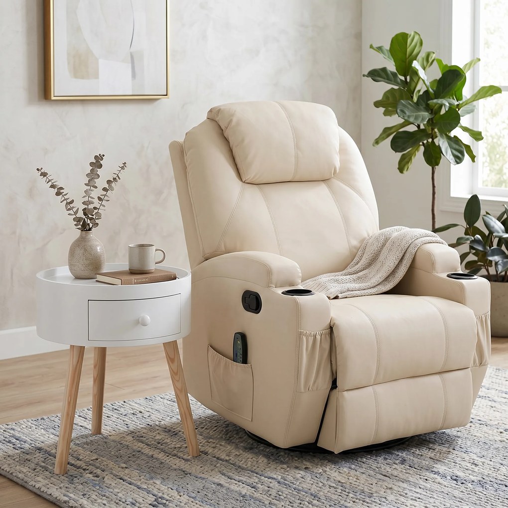 Fotoliu Relax HOMCOM pentru masaj cu 8 puncte, 5 modalitati si 2 intensitati, inclinabil si rotativ, 84x92x109cm, Crem | Aosom RO