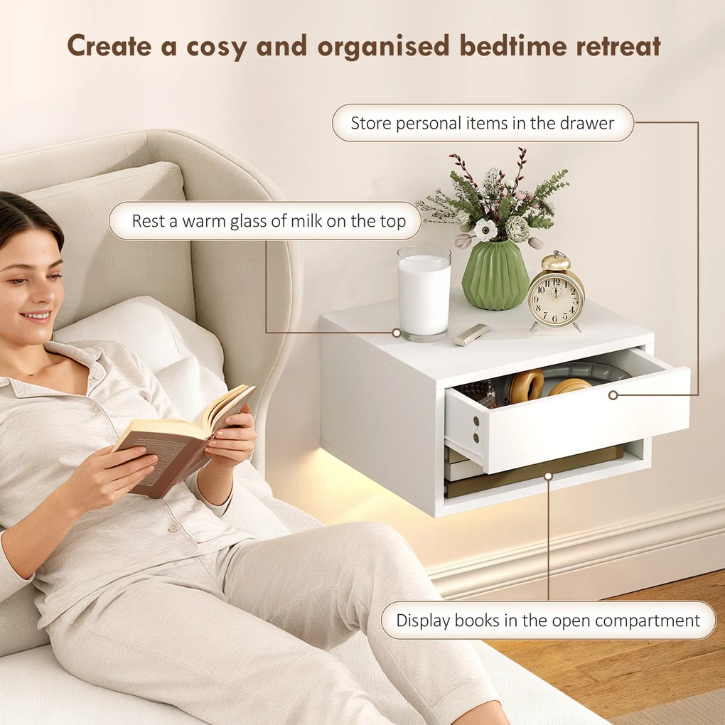 HOMCOM Set 2 Noptiere Suspendate cu LED RGB Integrat și Reglabil prin Aplicație, Sertar și Raft, 37x32x21 cm, Alb | Aosom Romania