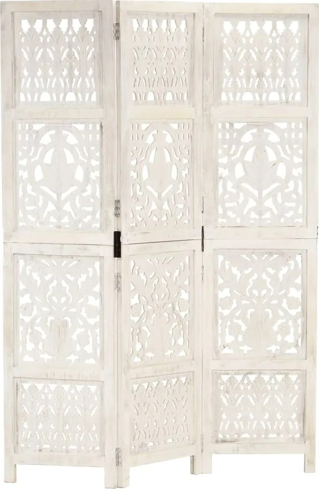 vidaXL Paravan cameră sculptat manual 3 panouri alb 120x165 cm mango