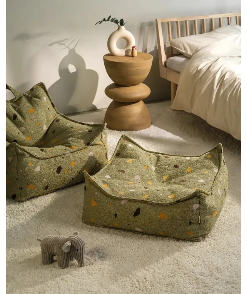 Fotoliu puf pentru copii verde cu tapițerie din țesătură bouclé/cu tapițerie din chenille Terrazzo Square – Wigiwama