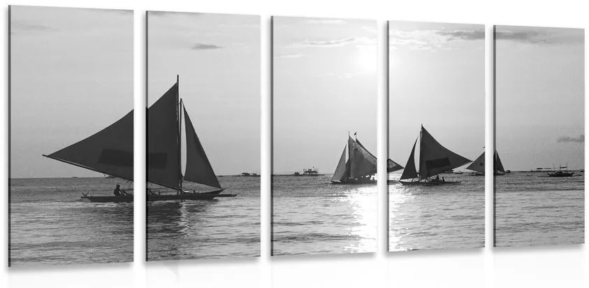 Tablou 5-piese apus de soare frumos la mare în design alb-negru