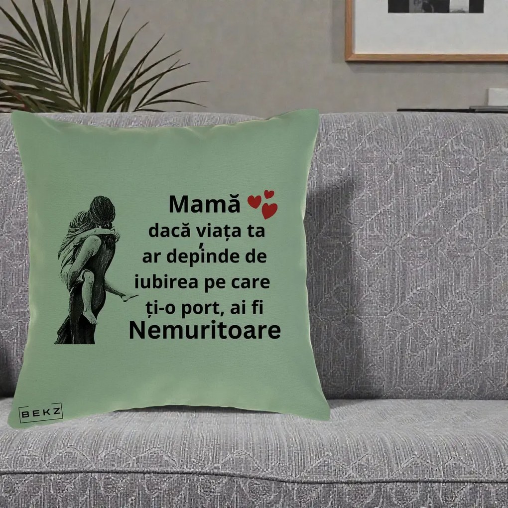 Cadou pentru Mama - Perna Personalizata Mama Nemuritoare Gravura Vintage, 40x40 cm, Verde, Husa Detasabila, Perna Inclusa, BEKZ®
