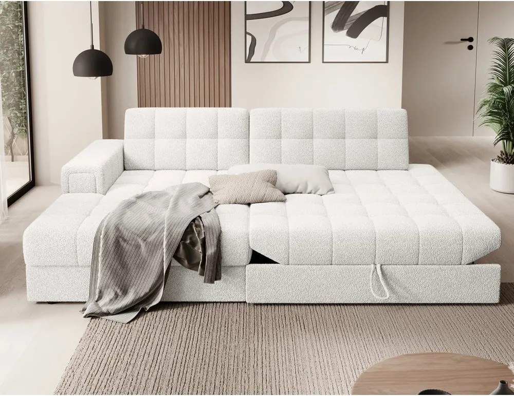 Colțar crem extensibil cu tapițerie din țesătură bouclé (cu colț pe partea stângă/cu șezlong) Blezalt – ELTAP