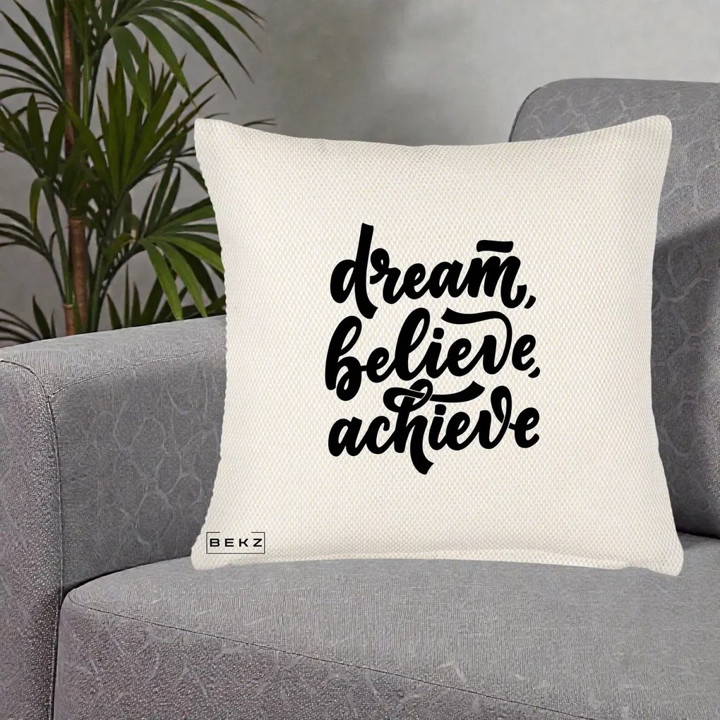 Perna Decorativa Dream Believe Achieve, 40x40 cm, Crem Reliefat, Husa Detasabila, Perna Inclusa, BEKZ®