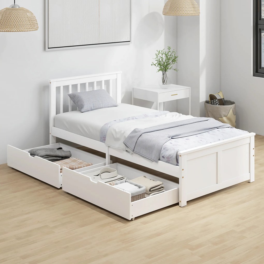 HOMCOM Cadru de pat 90x190cm din lemn masiv,  2 sertare pe roți, tăblie, picior de pat, somier cu lamele, alb | Aosom Romania