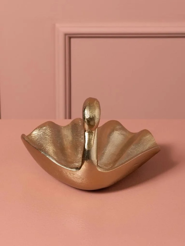 Bol decorativ din aluminiu, auriu, model lebădă cu aripi în valuri, finisaj lucios, 13 x 20 x 18 cm, „Cygne”